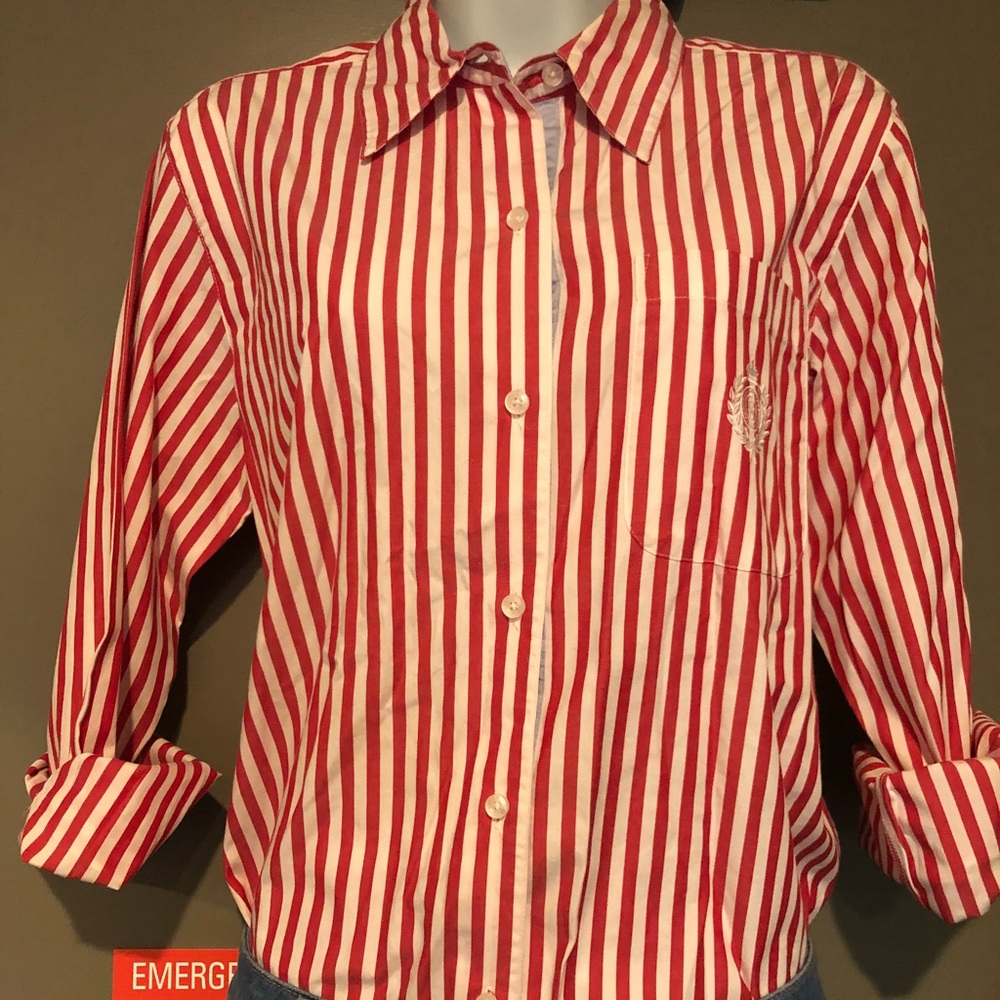 Liz Claiborne red and white stripped button up